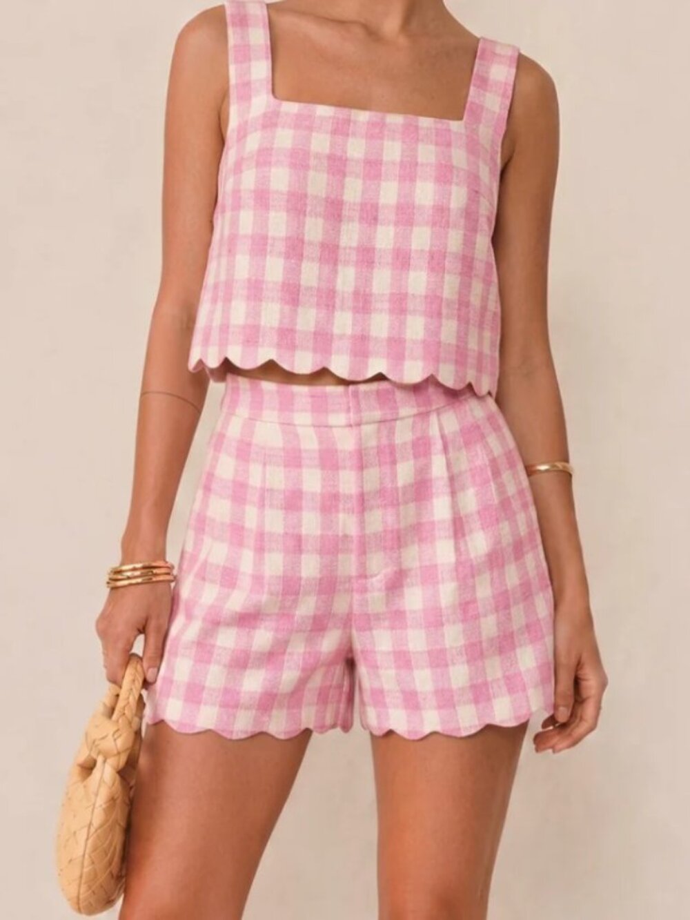 NWT Commense Gingham Scallop Hem Crop Top & Shorts Set